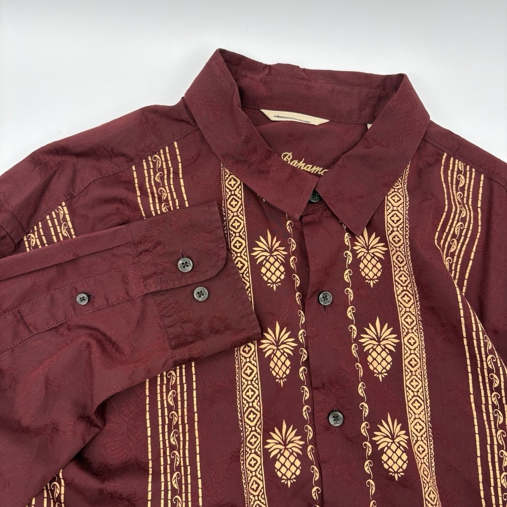Tommy Bahama Shirt Men XL Burgundy Pineapple Embroidered Cotton Silk Camp Button